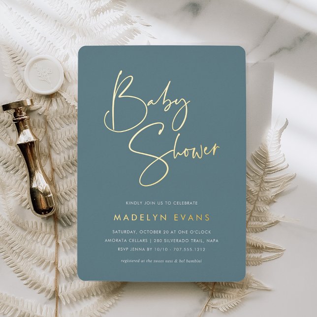 Hazy Teal | Modern Minimalist Script Baby Shower (Creator Uploaded)