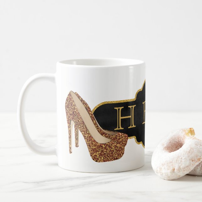 HBIC Boss Lady | Chic Black Gold Glitter Shoes Coffee Mug (With Donut)