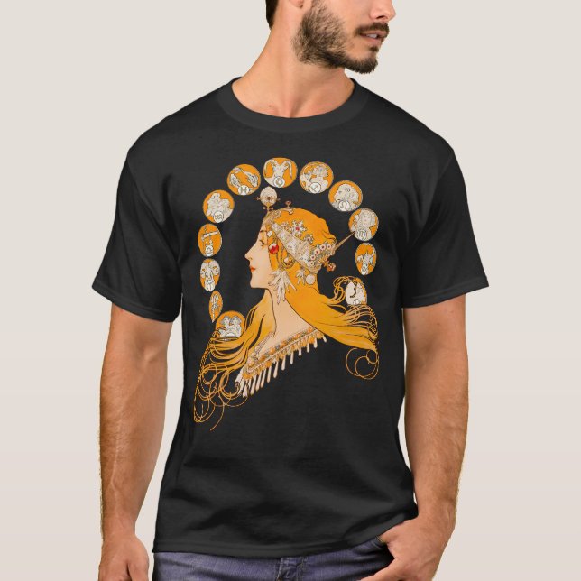 Hd. Zodiac By Alphonse Mucha (Zodiac Signs T-Shirt (Front)
