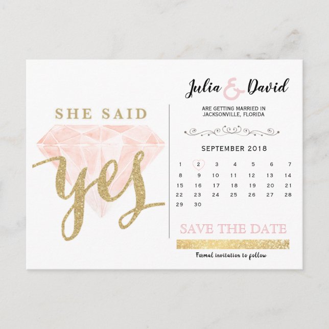 he ask, she said yes gold sparkle and pink diamond postcard (Front)