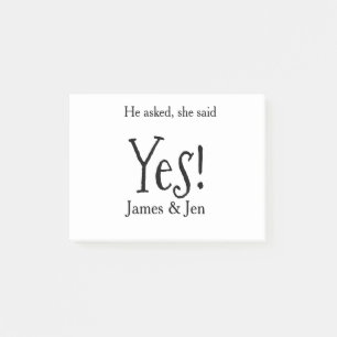 He asked she said yes engagement party name simple post-it notes