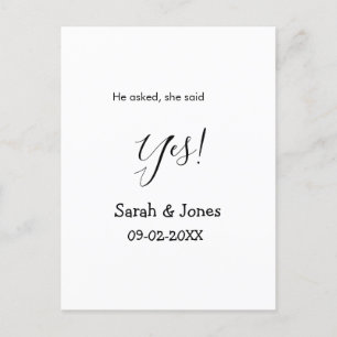 He asked she said yes engagement simple minimal announcement postcard