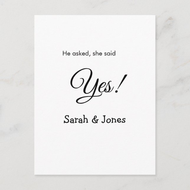 He asked she said yes engagement simple minimal  postcard