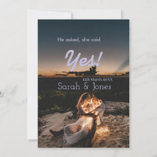 He asked she said yes engagement simple photo blue invitation