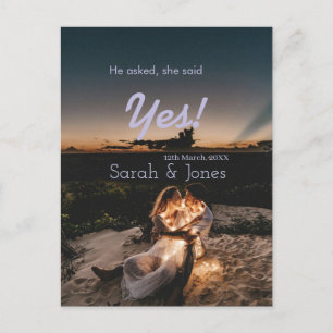 He asked she said yes engagement simple photo blue postcard