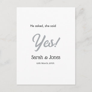 He asked she said yes engagement simple silver dat postcard