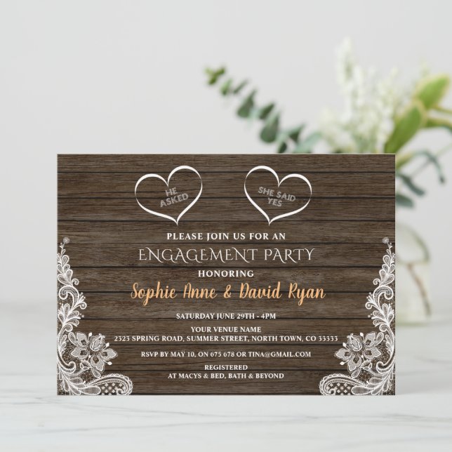 He asked She Said Yes Lace Wood Engagement Invitation (Standing Front)