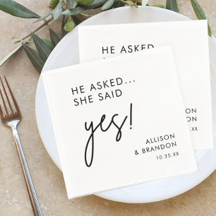 He Asked She said Yes Modern Engagement Party Napkin