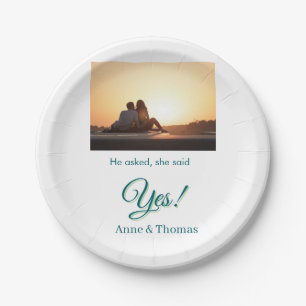 He asked she said yes photo engaged blue green paper plate