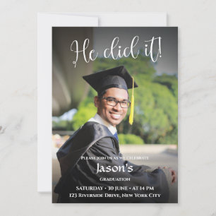 He Did It! Black Gradient Photo Graduation Invitation
