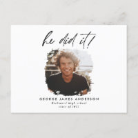 He did it blue modern photo graduation postcard