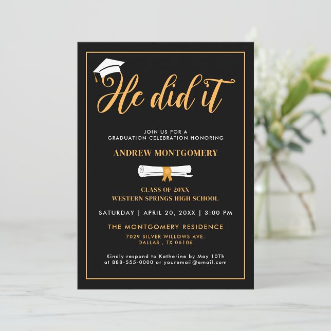 He Did It Grad Cap Tassel Black Graduation Photo Invitation (Standing Front)