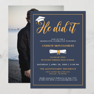 He Did It Grad Cap Tassel Blue Graduation Photo Invitation