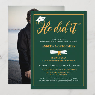 He Did It Grad Cap Tassel Green Graduation Photo I Invitation