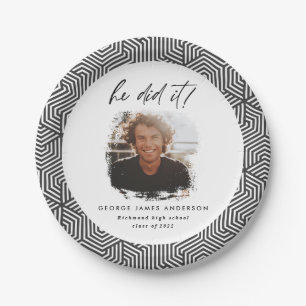 He did it grey geometric photo graduation party  p paper plate