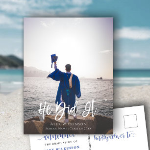 He Did It Modern Script Boy Photo Graduation Announcement Postcard