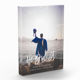 He Did It Modern Script Graduation Photo Block