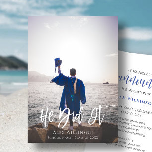 He Did It Modern Script Guy Photo Graduation Announcement