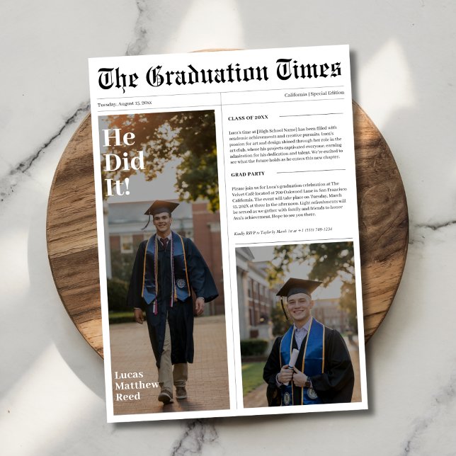 He Did It Newspaper 2025 Graduation Party Photo Invitation (Creator Uploaded)
