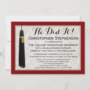 He Did It Tassel with Maroon College Graduation Invitation