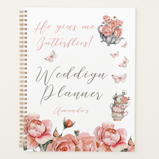 He Gives Butterflies Blush Pink Tea Floral Wedding Planner (Front)