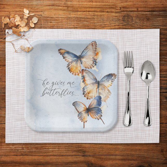 He Gives Me Butterflies Blue Modern Bridal Shower Paper Plate (Creator Uploaded)