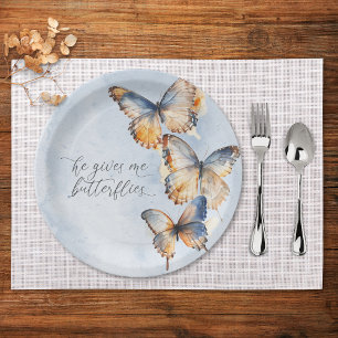 He Gives Me Butterflies Blue Modern Bridal Shower Paper Plate