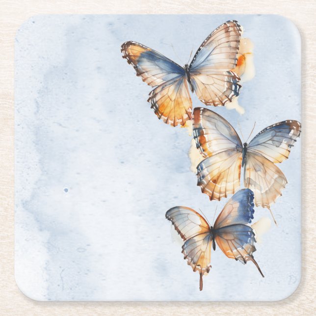 He Gives Me Butterflies Blue Modern Bridal Shower Square Paper Coaster (Front)