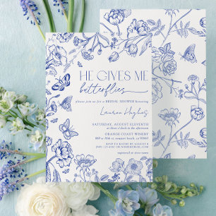 He Gives Me Butterflies Blue Vintage Bridal Shower Invitation