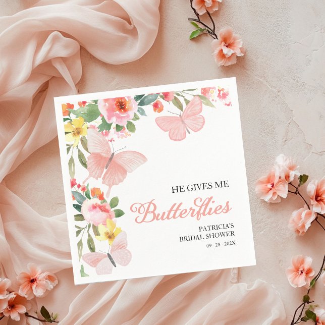 He Gives Me Butterflies Bridal Shower Floral Napkin (Creator Uploaded)