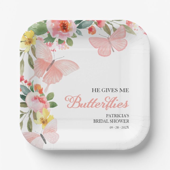 He Gives Me Butterflies Bridal Shower Floral Paper Plate (Front)