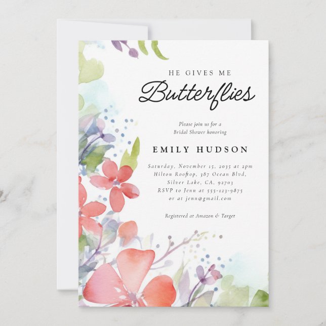 He Gives Me Butterflies Bridal Shower Invitation (Front)
