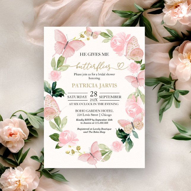 He Gives Me Butterflies Bridal Shower Invitation (Creator Uploaded)