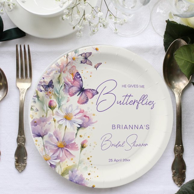 He gives me butterflies bridal shower printed paper plate (He gives me butterflies enchanted garden purple lavender bridal shower printed paper plates )