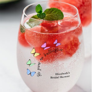 He Gives Me Butterflies Bridal Shower Stemless Wine Glass