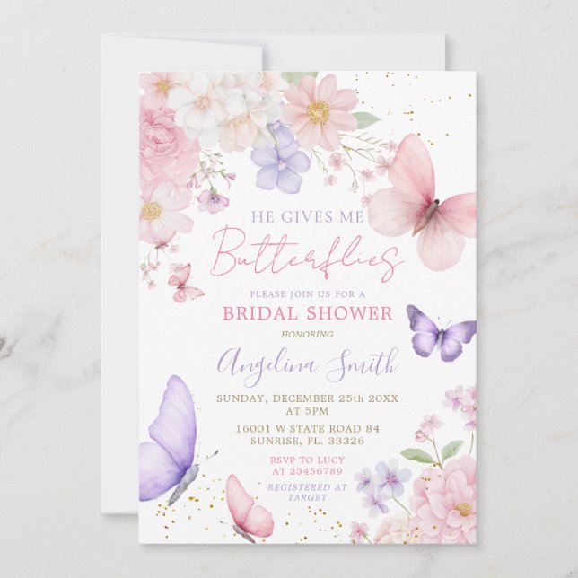 He Gives Me Butterflies Floral Bridal Shower Invitation (Front)
