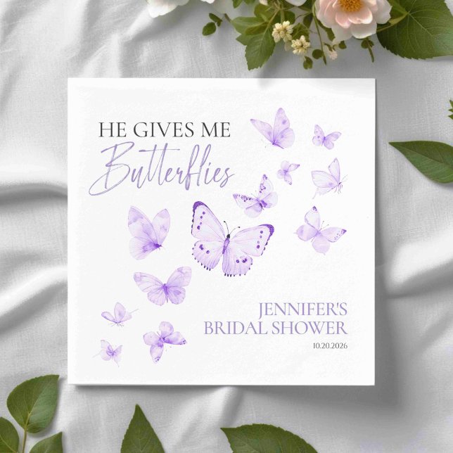 He Gives Me Butterflies | Lavender Bridal Shower Napkin (Creator Uploaded)