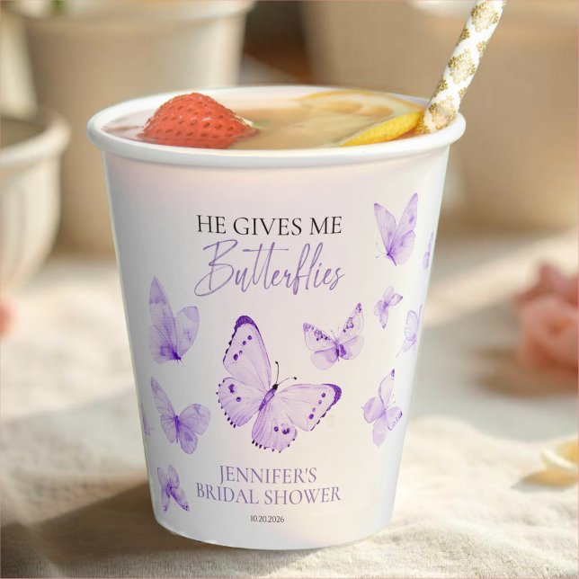 He Gives Me Butterflies Lavender Bridal Shower  Paper Cups (Creator Uploaded)