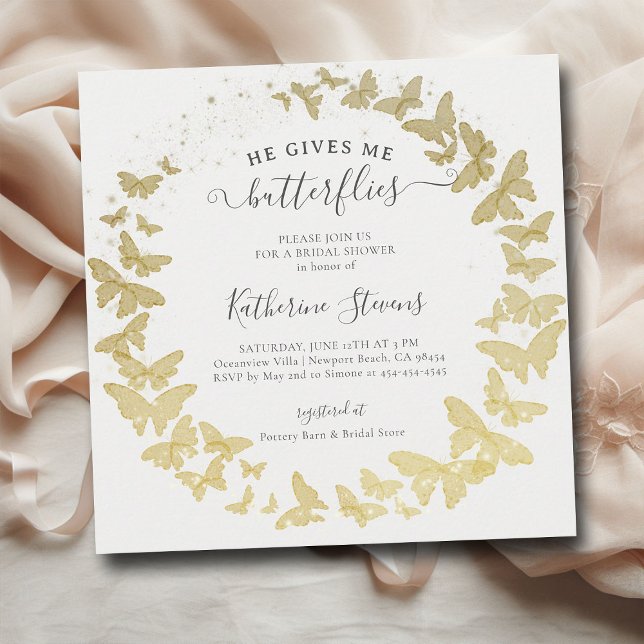 He Gives Me Butterflies Modern Gold Bridal Shower Invitation (he gives me butterflies bridal shower invitation gold foil butterfly garden whimsical elegant modern)