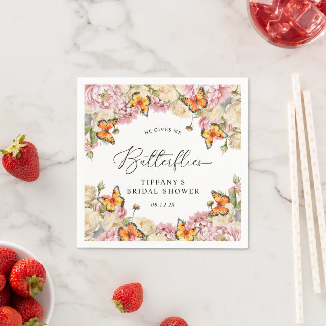 He Gives Me Butterflies Peonies Bridal Shower Napkin (Insitu)