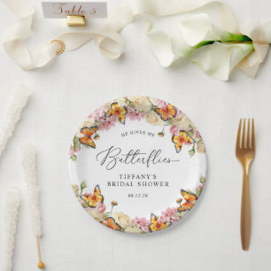 He Gives Me Butterflies Peonies Bridal Shower Paper Plate