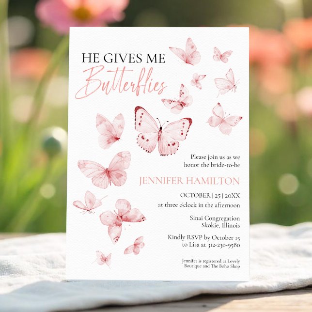 He Gives Me Butterflies Pink Blush Bridal Shower  Invitation (Creator Uploaded)