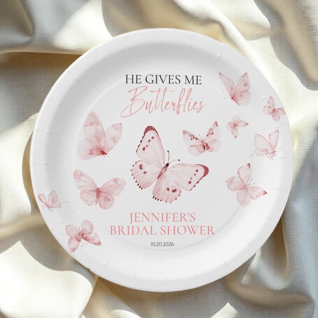 He Gives Me Butterflies Pink Blush Bridal Shower Paper Plate (Creator Uploaded)