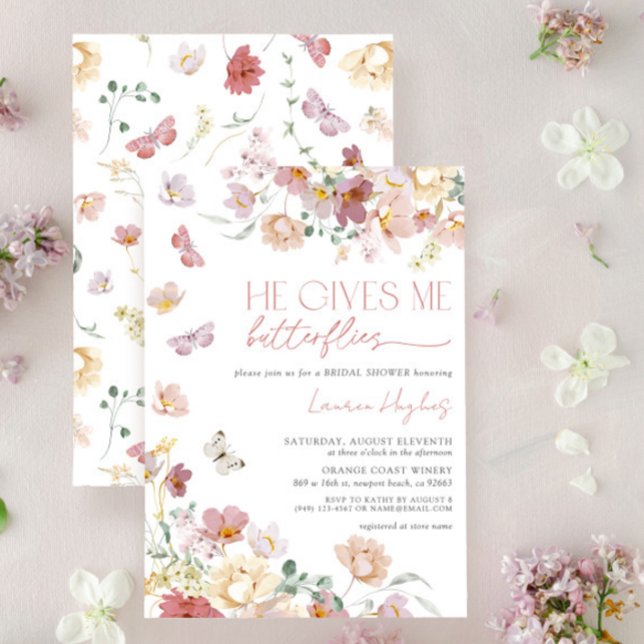 He Gives Me Butterflies Pink Floral Bridal Shower Invitation (Creator Uploaded)