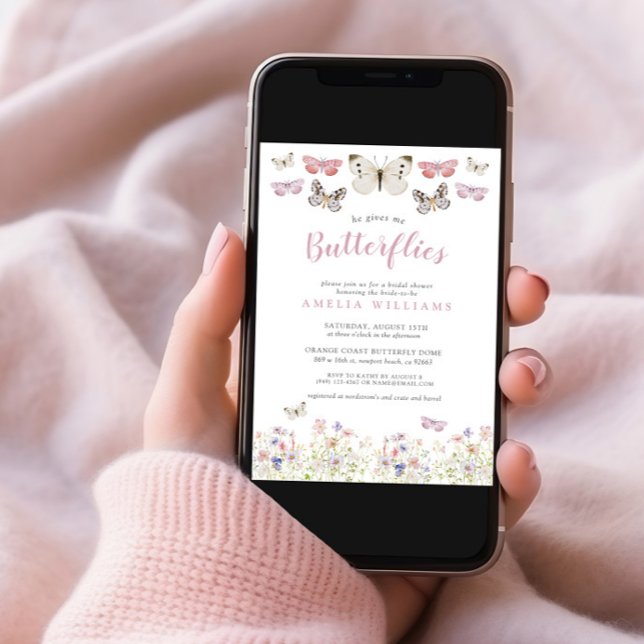 He Gives Me Butterflies Pink Floral Bridal Shower Invitation (Creator Uploaded)