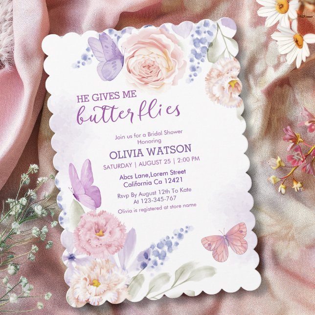 He gives me butterflies Purple Bridal Shower  Invitation (Creator Uploaded)