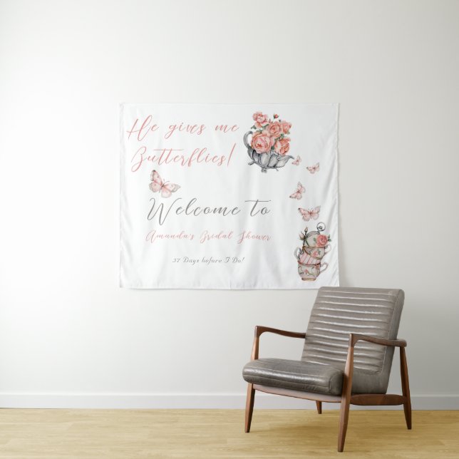 He Gives Me Butterflies Tea Floral Shower Backdrop Tapestry (In Situ (Horizontal))