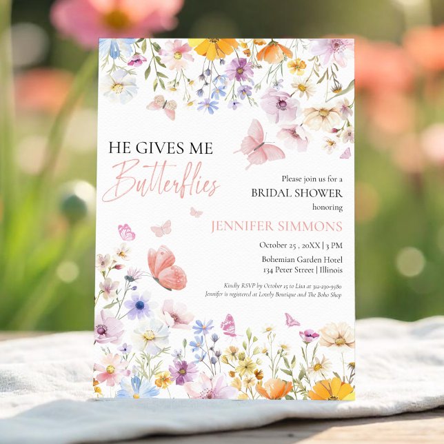 He Gives Me Butterflies Wildflower Bridal Shower Invitation (Creator Uploaded)
