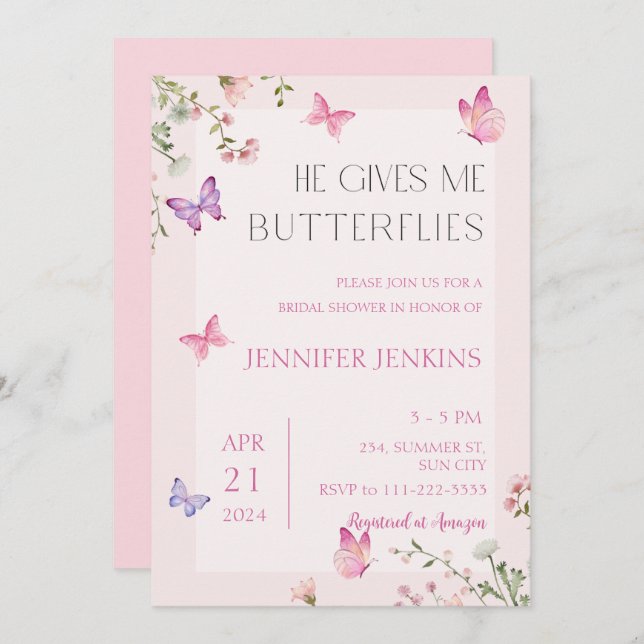 He Gives Me Butterflies Wildflower Bridal Shower  Invitation (Front/Back)