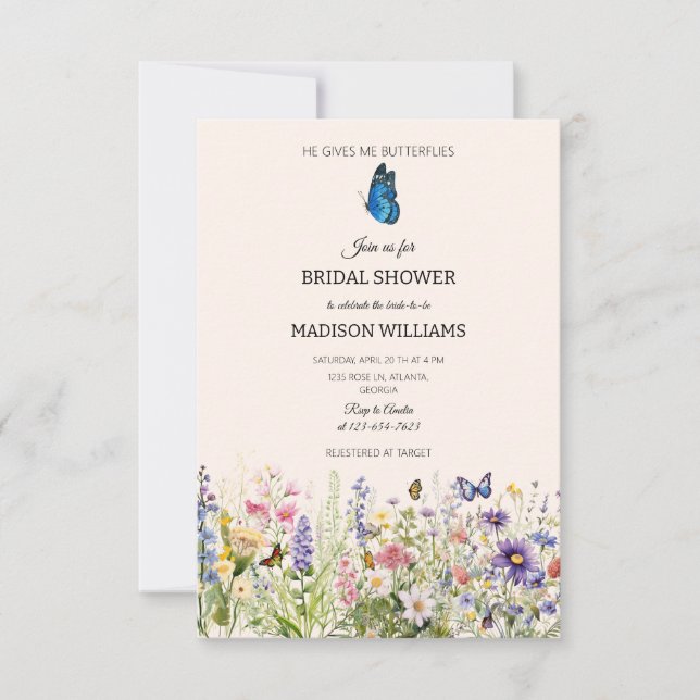 He Gives Me Butterflies Wildflowers Bridal Shower Invitation (Front)